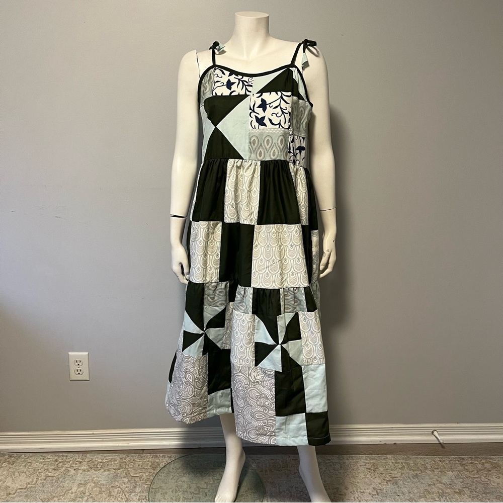Hand Crafted Black Gray Patchwork Tiered Sundress with Shoulder Straps